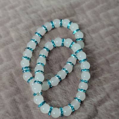 White Beaded Stretch Stackable Bracelets w/ Blue Spacer Rings Round Set of 2