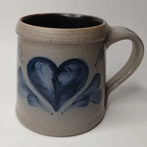 Rowe Pottery Salt Glaze Mug Heart Design Gray And Blue Folk Art 10 oz VTG 1997
