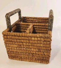 Vintage Wicker Wood Basket Picnic Caddy With Metal Handles Utensil Holder