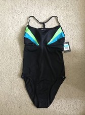 Nike One Piece Black Green Competition Swim/ Bathing Suit Women's Sz 12 90