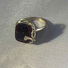 Ring Baltic Amber Ring- Dark Cognac -925 Sterling Silver Vintage Unisex