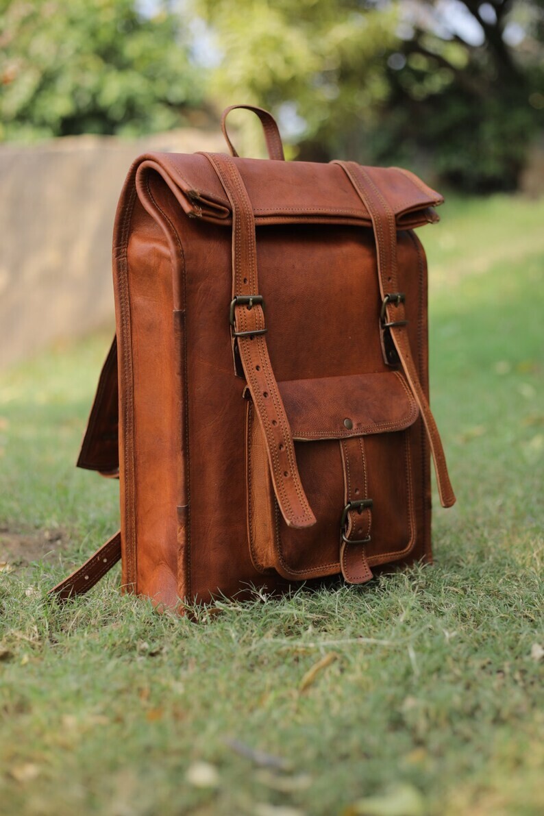 Vintage Genuine Leather Backpack Brown Handmade Rucksack for Laptop Travel-image