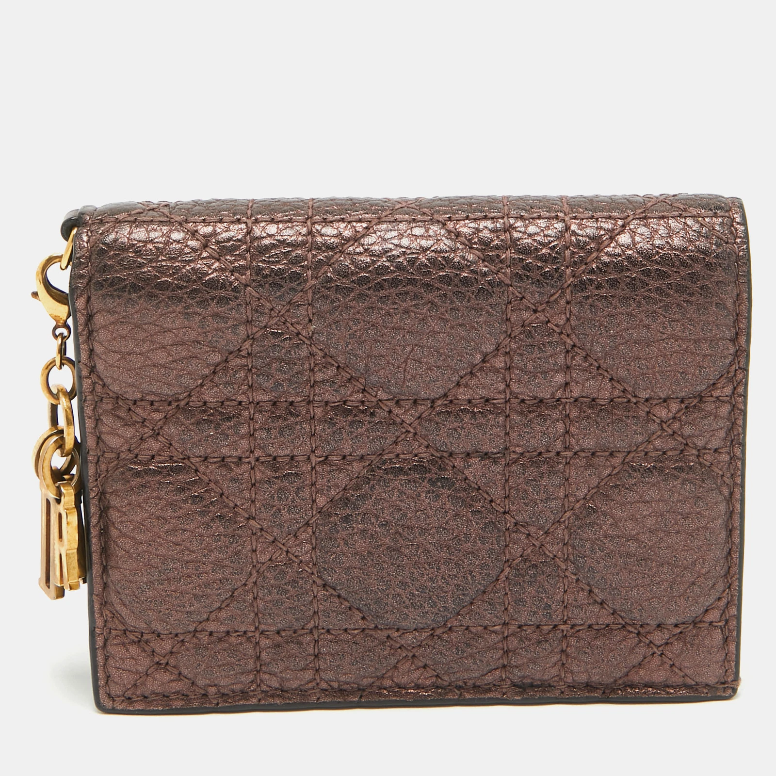 Étui à cartes à rabat Dior en cuir cannage bronze Lady Dior