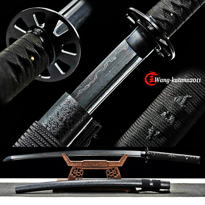 All Black Sharp Functional Japanese Samurai Katana Sword Damascus Folded Steel