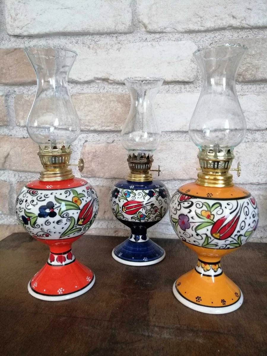 Authentic Handmade Enameled Ceramic Kerosene Oil Lamp Unique Vintage Home Decor