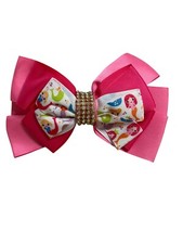 Grosgrain Hair Barrette Bow Pink Mermaids Clear Rhinestones Alligator Clip 5.5"