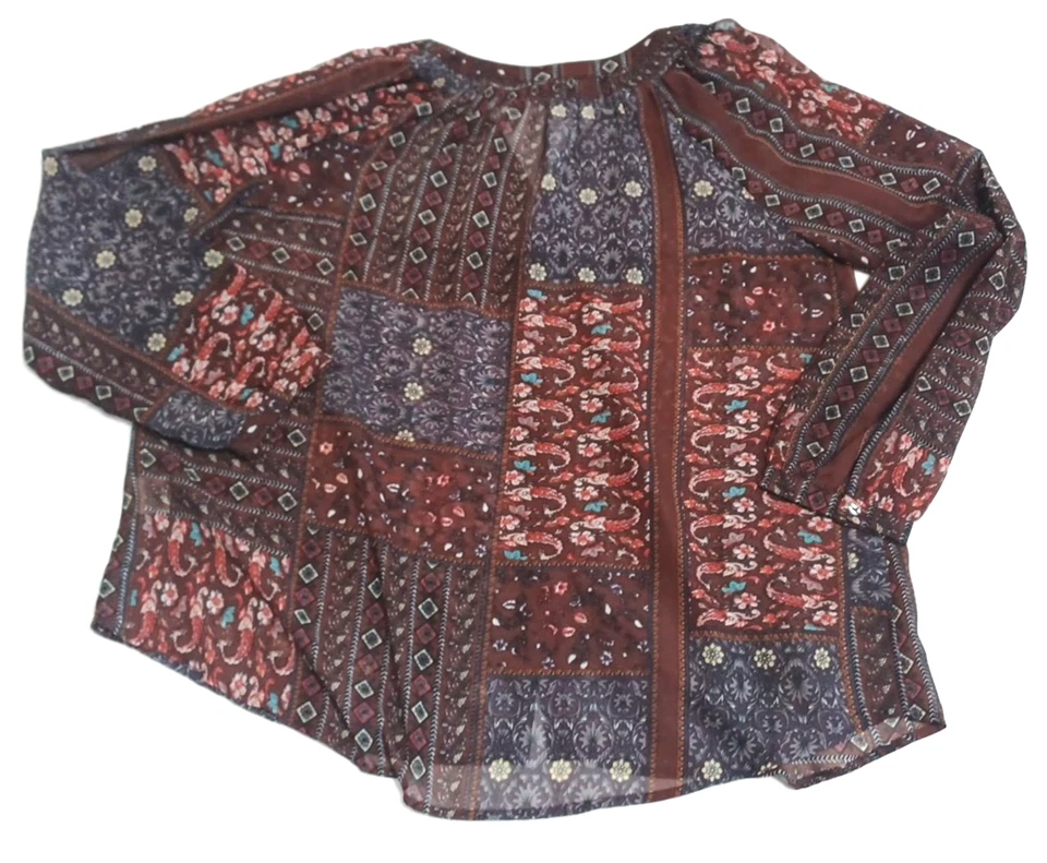 Mystree Tunic Top Brown Floral Blouse Sz L Sheer Peasant Smock Neck Long Sleeve - Image 2 of 4