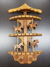 Wall Hanging Stained Oak Collector Spoon / Fork / Utensil Holder Carousel Horses