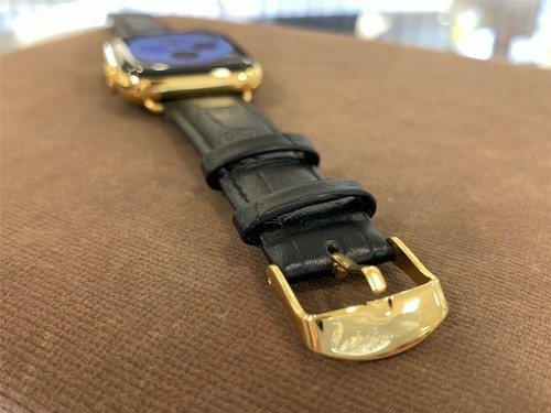 Custom 44mm Apple Watch Series 5 24K Gold Plated Stainless Steel Black Leather B - Picture 7 of 9