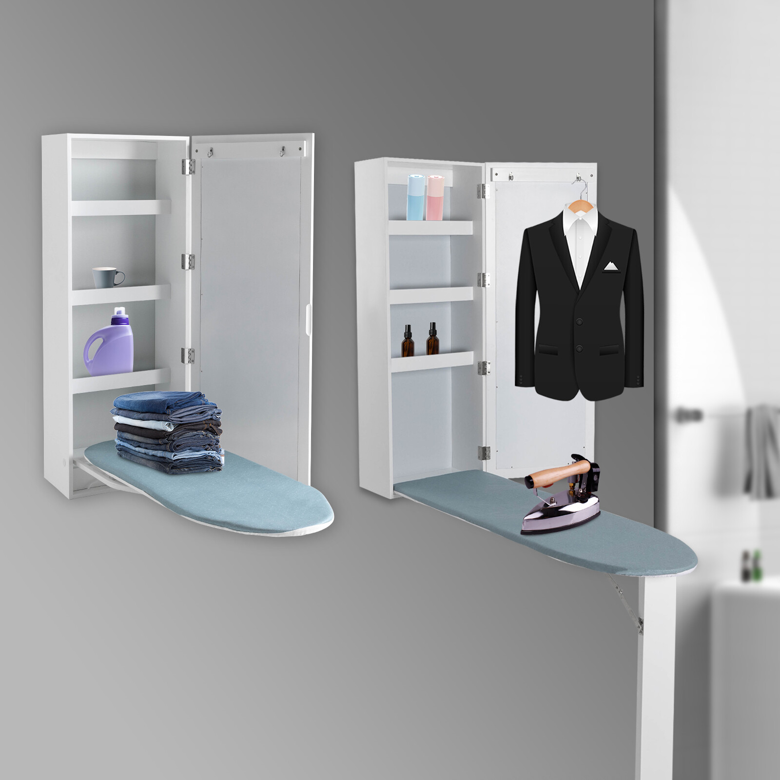 Wall Ironing Board, Wall Mount Iron Board Holder, and Storage & Mirror Hide Away