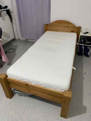 Bed 90x200, JYSK, beige wood bed frame with mattress included, in good condition
