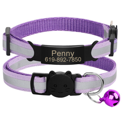 Reflective Breakaway Safety Cat Collar & Custom Name ID Tag No Noise & Bells