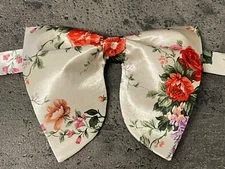 Handmade Oversized Cream/Red FloraL Satin Bow tie Vintage style Wedding Prom
