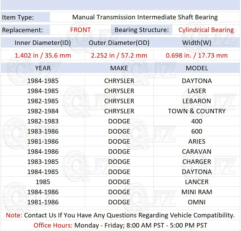 [FRONTERO (2)] Cojinete de eje intermedio de transmisión manual para Dodge Daytona 1984-1985 Foto 2 de 4