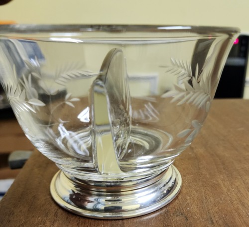 STERLING GLASS BOWL Etched Floral LEAF Nut Sauce Condiment VTG Candy Serving - Picture 9 of 14