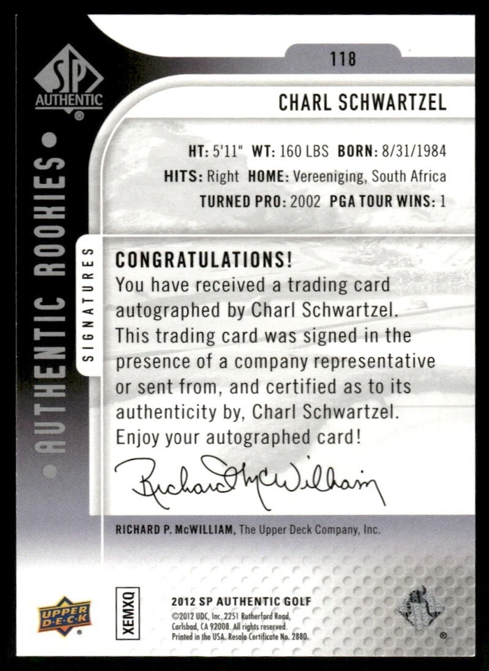 F733 CHARL SCHWARTZEL 2012 SP AUTHENTIC ROOKIES 13/699 #118 PGA GOLF RARE SP - Image 2 of 2