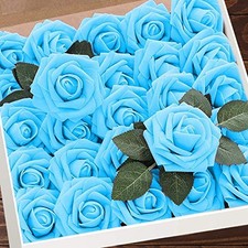 Artificial Flowers 25pcs Real Looking Foam Fake Roses with Stems for 25Pcs Blue