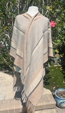 Soft Surroundings Poncho One Size Plaid Shawl Blanket Wrap Fringed Striped Tan