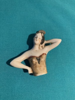 Antique/Vintage German Porcelain Half Doll Gold Hair Clip Bustier 601