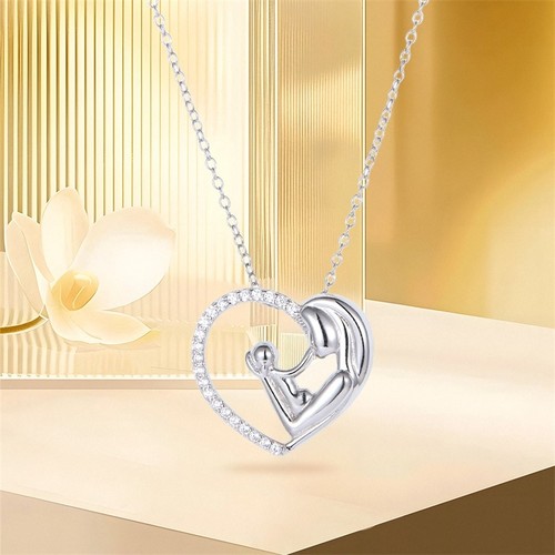 Mother with Child Real Zircon Heart Pendant in Sterling Silver Mothers Day GIft