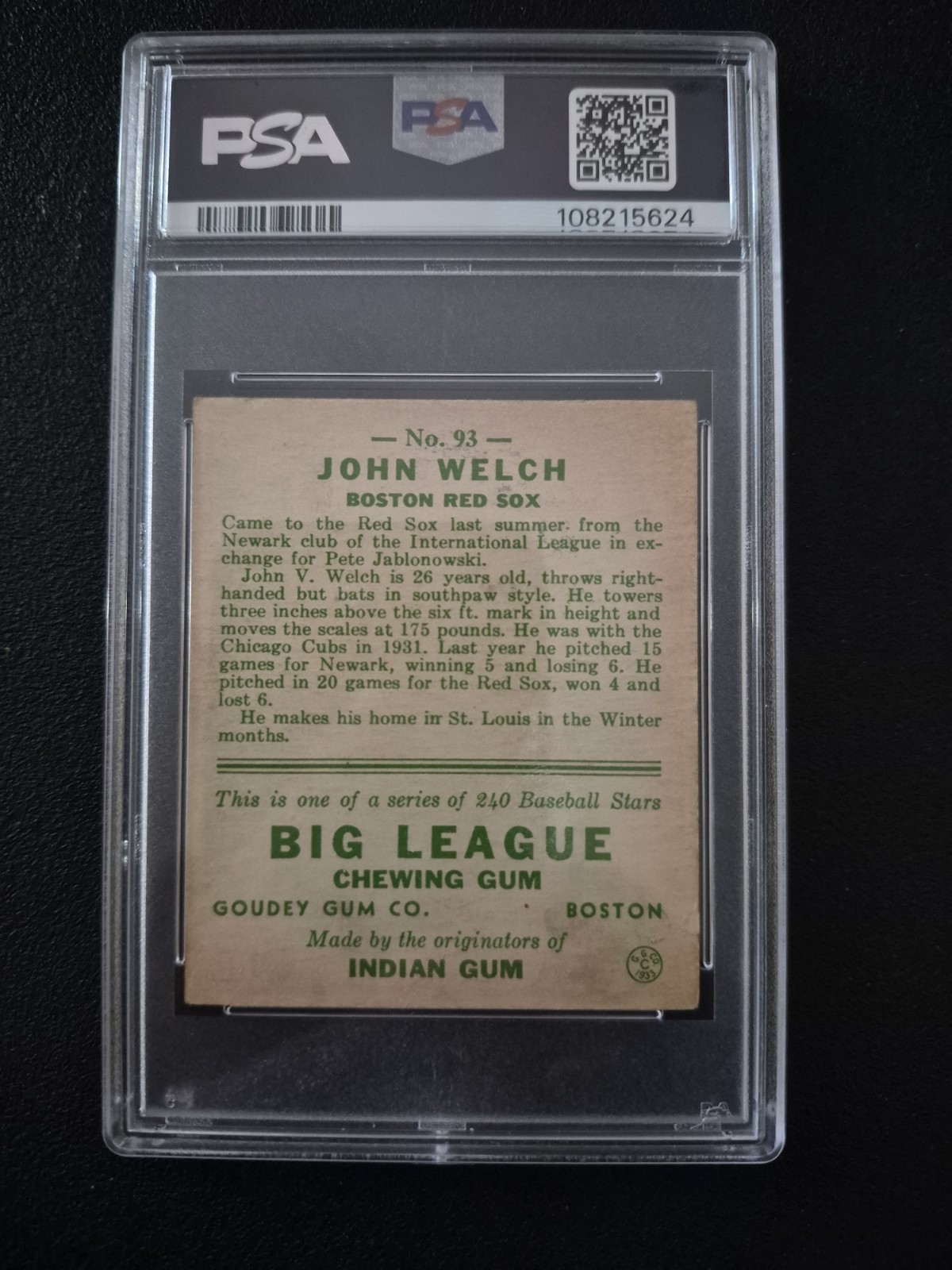 1933 Goudey Big League Chewing Gum #93 John Welch Boston Red Sox PSA 4 view 2