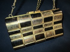 Gold black Metal Vintage Hard Shell Shoulder Evening bag w/chain 70 s Glam