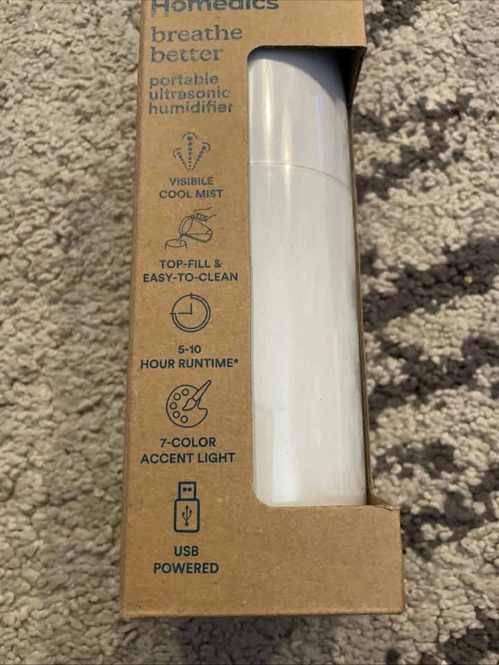 HoMedics Portable Ultrasonic Humidifier Travel & Personal Cool Mist USB White - Image 4 of 4