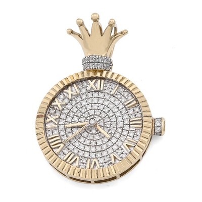 10k Yellow Gold 1CTW Natural Diamond Clock Roman Dial Crown Pendant 7.8gms Charm