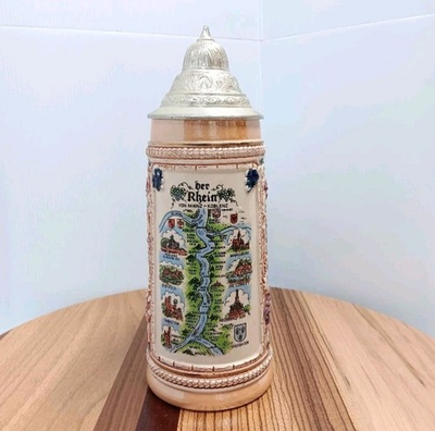 #ad #ad GERZ W German vintage Lidded Beer Stein Der Rhein Von Mainz Koblenz Oktoberfest $24.99