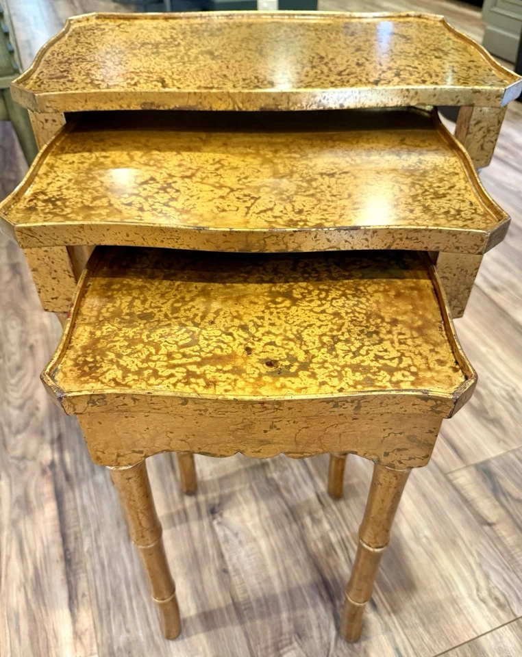 Nesting End Side Tables MCM Hollywood Regency Gilt Mottled Set of 3 Faux Bamboo - Image 4 of 4
