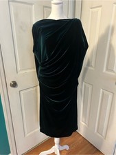 Betsy & Adam Elegant Draped Velvet Midi Evening Cocktail Dress in Dark Green