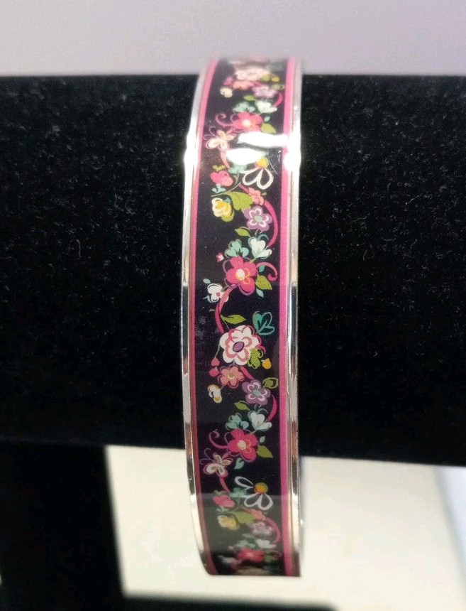 Vtg. Signed Vera Bradley Bracelet Black/Pink Floral Pattern On Silver 1/2" Wide
