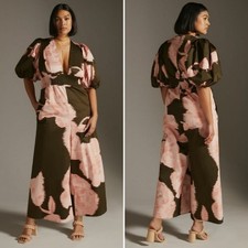 Hutch Anthropologie Floral Plunging V Neck Jumpsuit Wide Leg Green Pink Size 2X