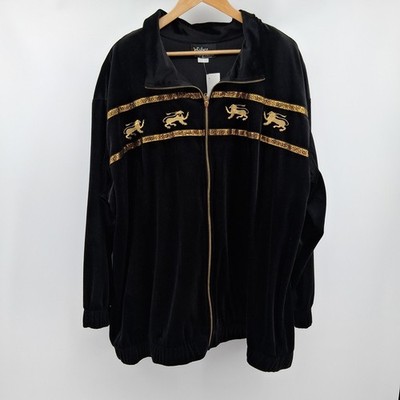 Vtg Silver Threads Black Velour Jacket 3X Gold Embroidered Lions Streetwear USA