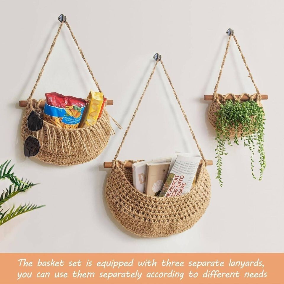 Natural Jute 3 Tier Hanging Baskets Storage Home Decor Fruit Basket Organisation image 6