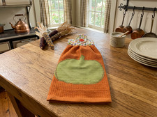 Fall Hanging Dishtowel Handmade With Green Pumpkin Decal Orange Cotton Towel