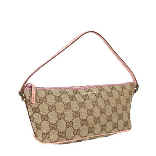 GUCCI GG Canvas Beige Pink Leather Gold Accessory Pouch Mini Handbag Authentic
