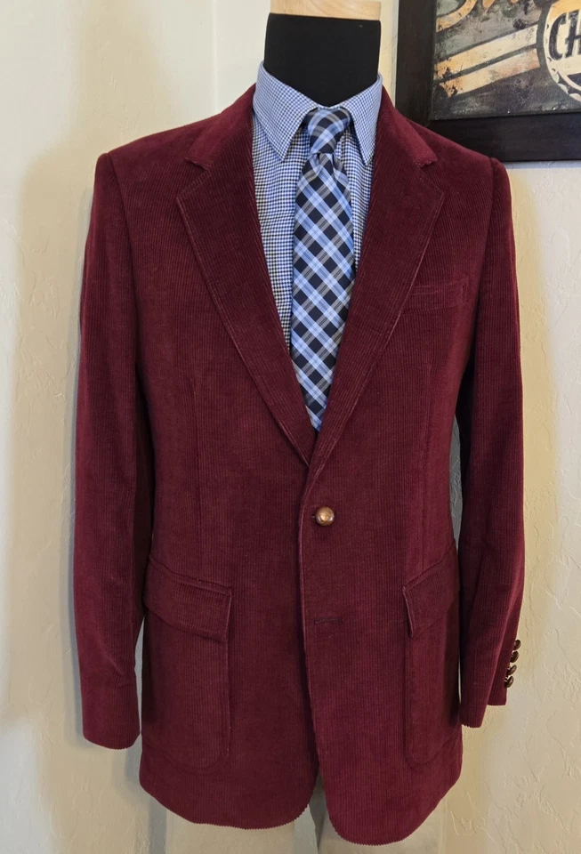 VTG Ah! Austin Hill Red Corduroy Blazer Mens 38L Elbow Patch Sports Coat Jacket - Image 2 of 4