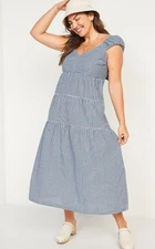 Old Navy Blue White Gingham Check Fit & Flare Tiered Seersucker Maxi Dress L