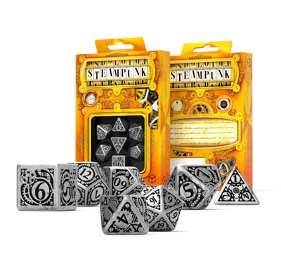Q-Workshop Steampunk Métal RPG Ensemble de Dés 7tlg Argent Noir D&d