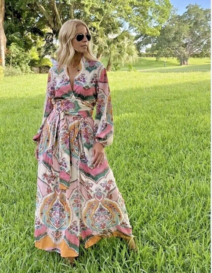 Maxi vestido envolvente bohemio manga larga estampado floral cachemir múltiple de ZARA para mujer talla M Foto 3 de 4