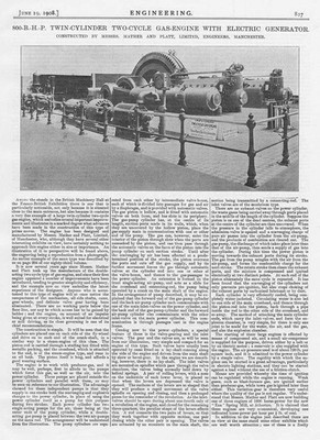 Antiker technischer Druck von 1908 - 800 PS Zweizylinder-Zweitakt-Gasmotor