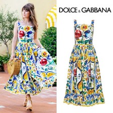 RARE $3,950 Dolce & Gabbana Majolica Tie Button Cotton Midi Dress IT40 S
