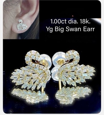 1 Ct Natural Diamond Big Swan Earrings In 18k Solid Yellow gold