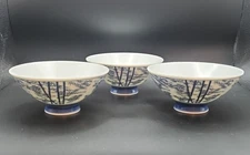 Set of 3 Japanese Bamboo Motif Blue & White Porcelain Rice Bowls EUC 4.75" x 2"