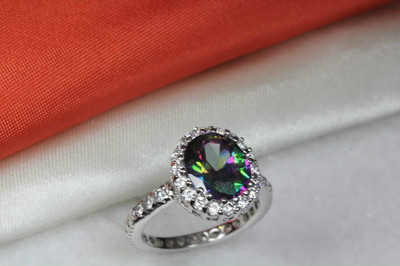 6.40 CARAT OVAL CUT HALO CZ MYSTIC TOPAZ WITH CZ ACCENTS FASHION RING~MTR9~BL-M