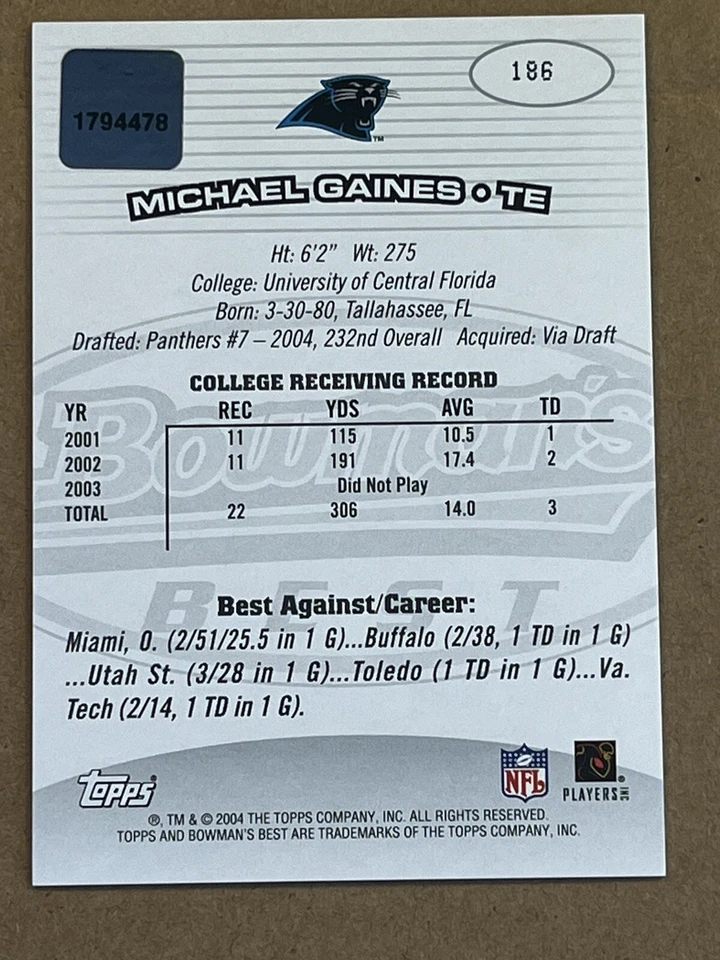 2004 BOWMAN'S BEST - MICHAEL GAINES PANTHERS ROOKIE AUTOGRAPH #186 - Image 2 of 2