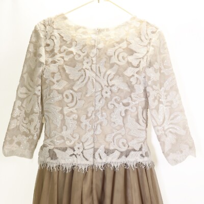 Izilady Dress S White Lace Sequin Tan Chiffon Layered Satin Double Lined  Skirt | eBay