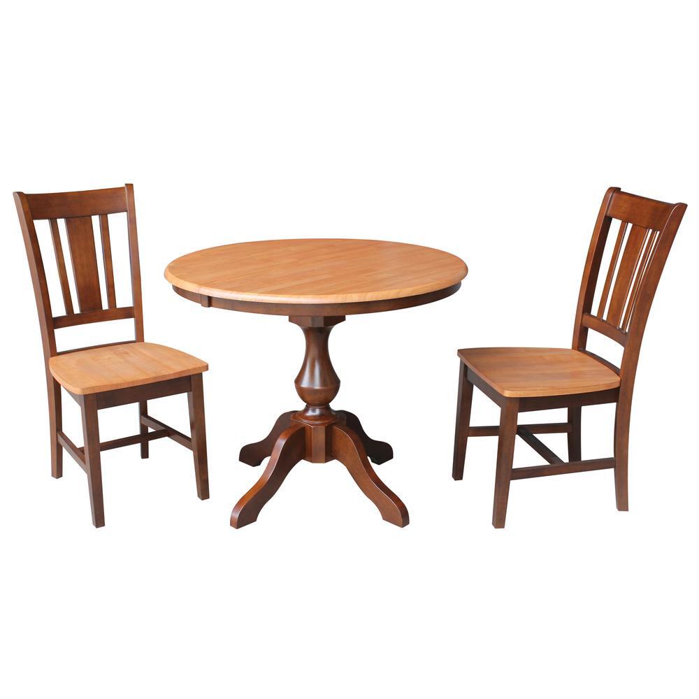 36" Round Extension Dining Table With 2 Rta Chairs, Cinnamon/Espresso