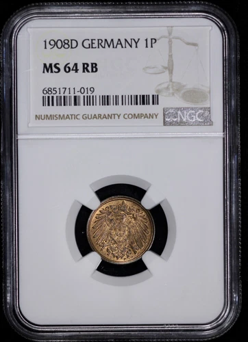 1908-D Germany 1p Pfennig NGC MS 64 RB